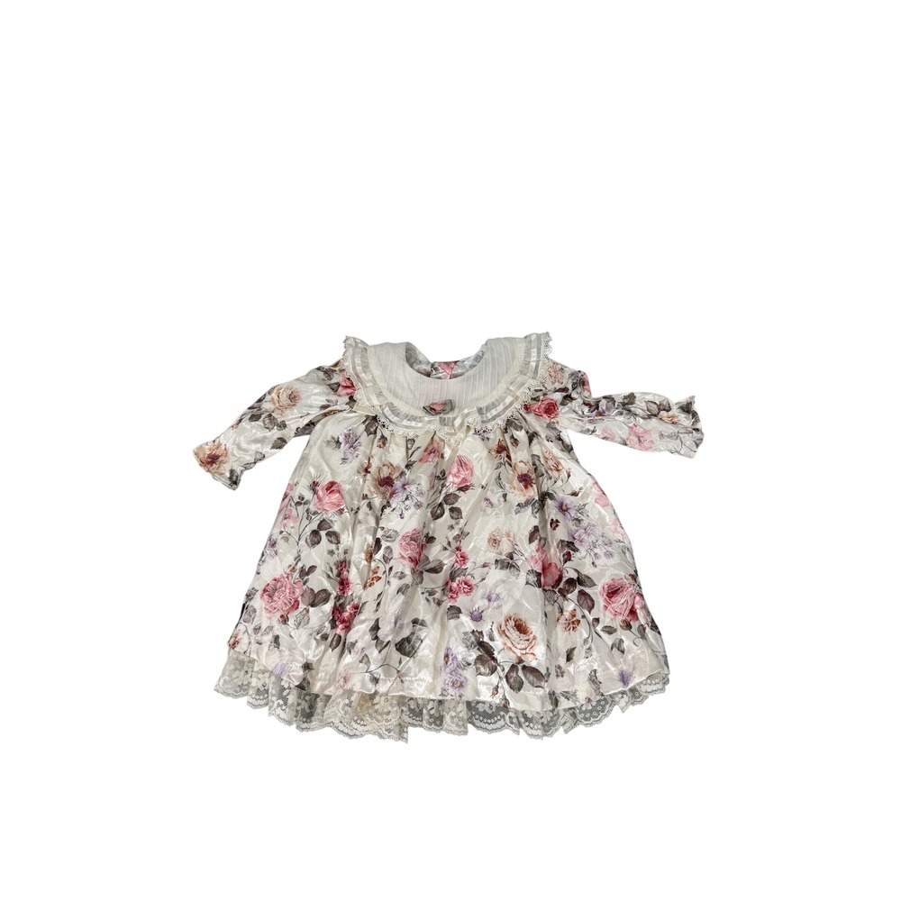 Vintage 1997 Satin Floral Baby Dress Lace Ruffle Collar Pink Rose 6-9 Months